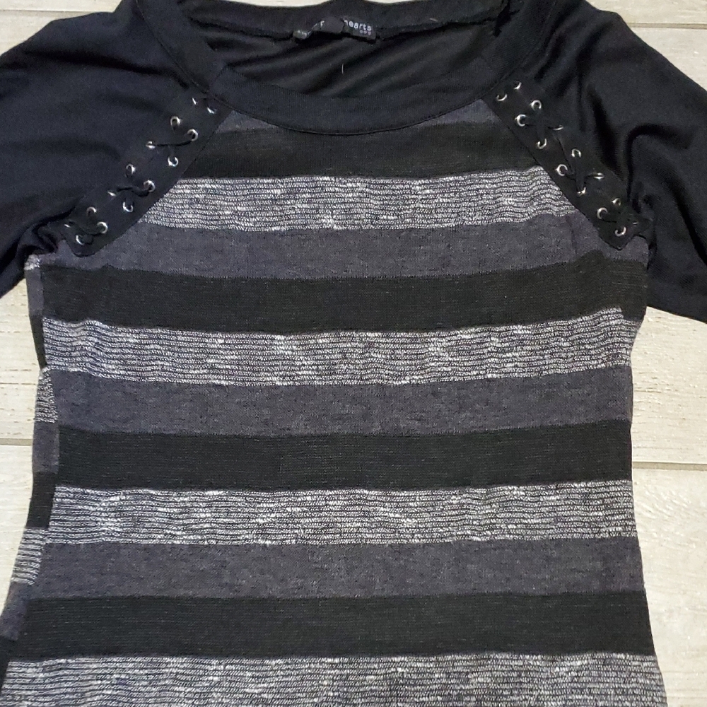 Three Pink Hearts Women's L Midi Dress with Black and Gray Stripes - Picture 2 of 3